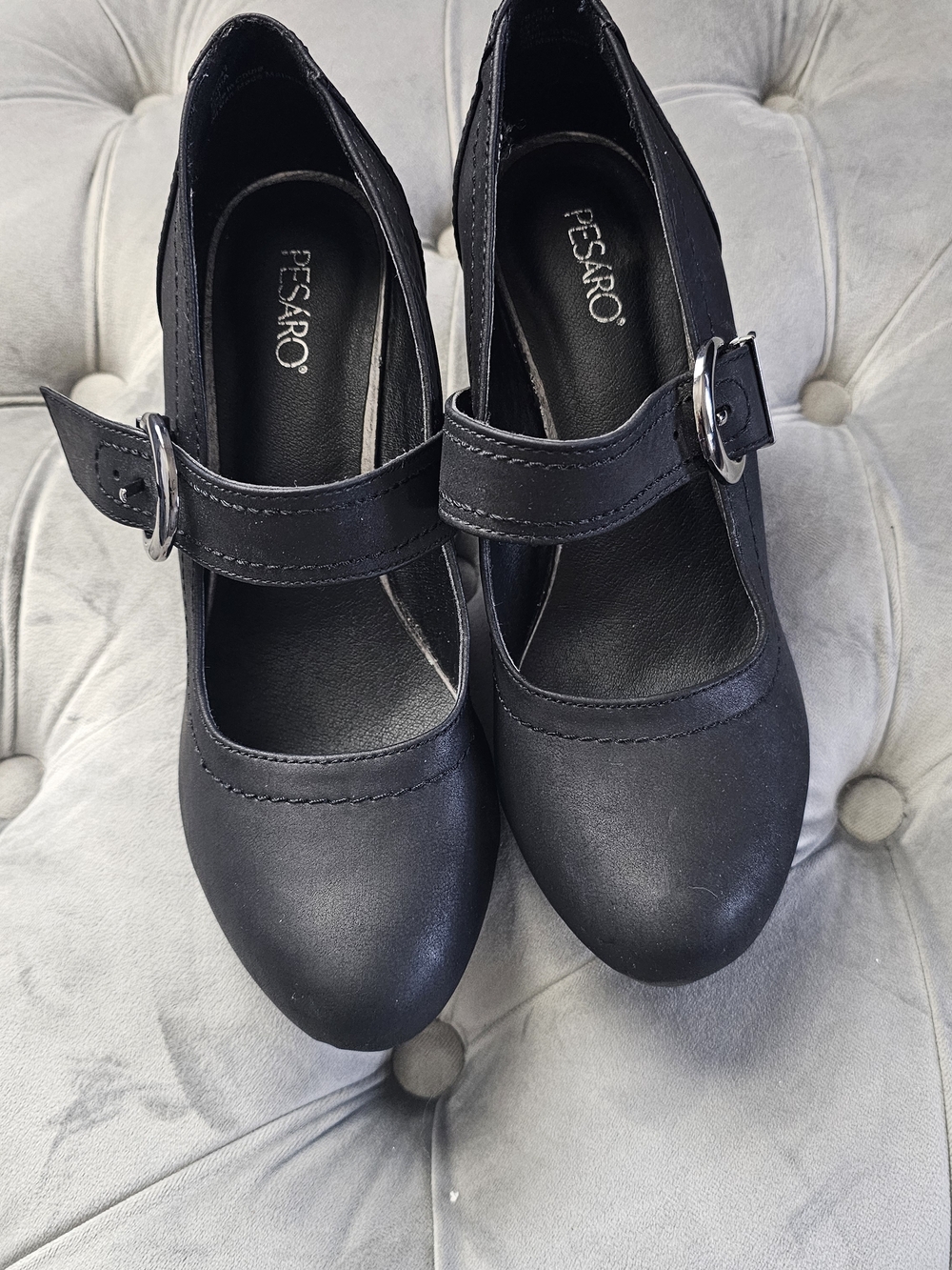 Pesaro Black Mary Jane Heels with Silver Buckle